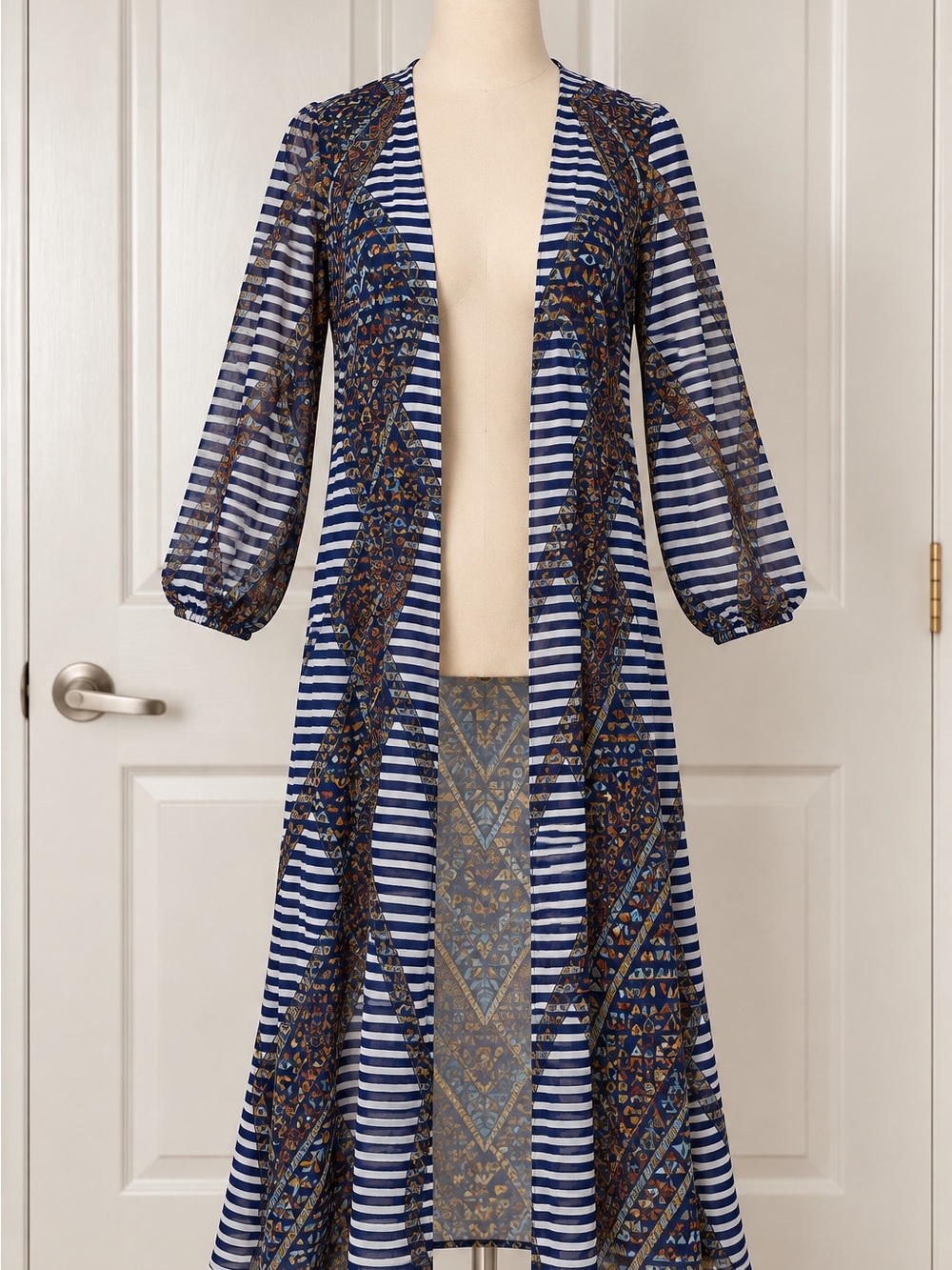Sheer Navy Striped Swim Cover-Up Kimono